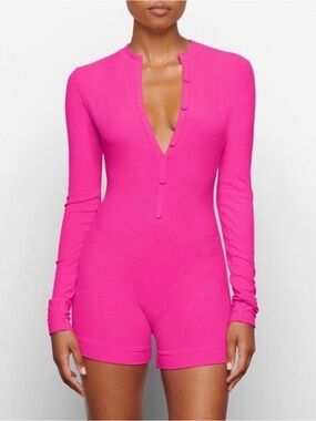 Skims Soft lounge Bubblegum Pink henley button front long sleeve romper